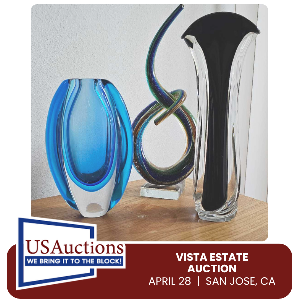 Three glass vases and sculptural art